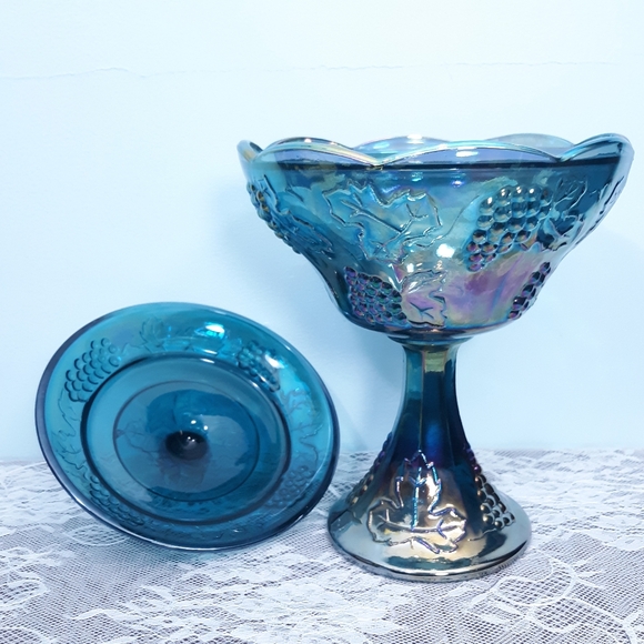Indiana Blue Iridescent Carnival Glass Pedestal Compote Harvest Grape Purple Lid - Picture 9 of 16
